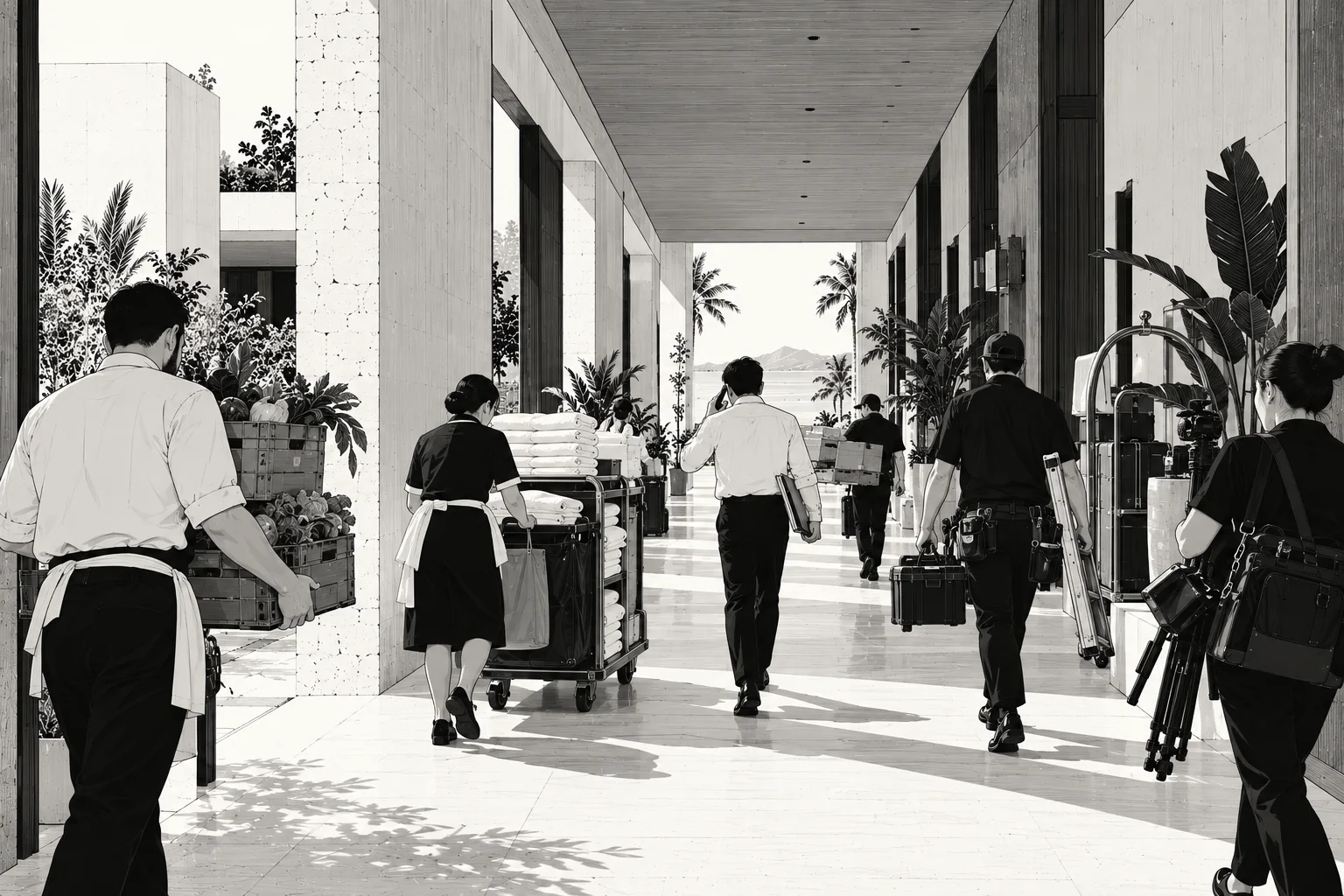 Housekeeping, service staff and technicians at work in a resort corridor.